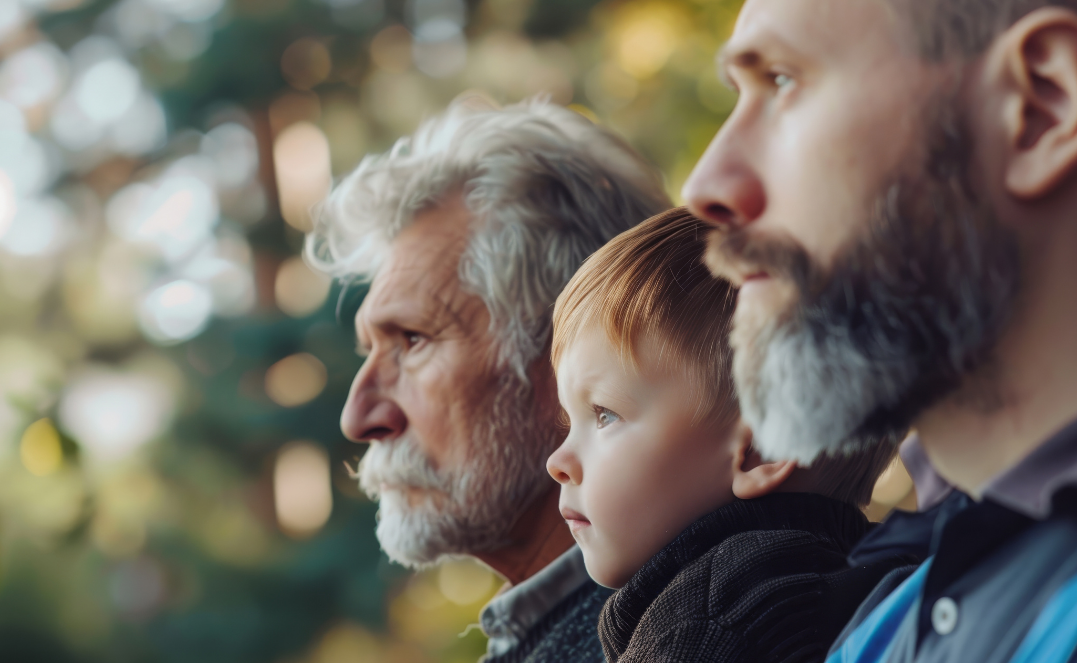 Three generations of a family looking ahead outdoors.