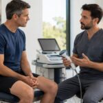 Clinician explaining focused shockwave therapy to a man during a Peyronie’s disease consultation.