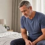 Middle-aged man sitting on a bed experiencing discomfort linked to Peyronie’s disease.