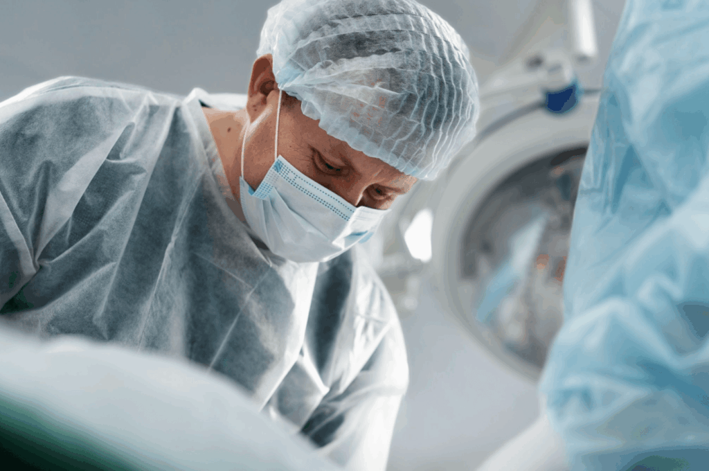 Surgeon performing a procedure in an operating theatre, representing treatment before Peyronie’s disease symptoms progress.