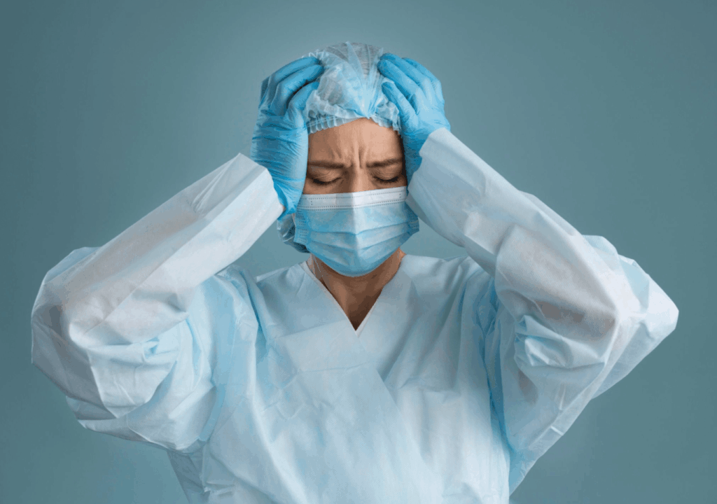 Healthcare professional in surgical clothing holding their head, illustrating concerns about surgical risks and complications.