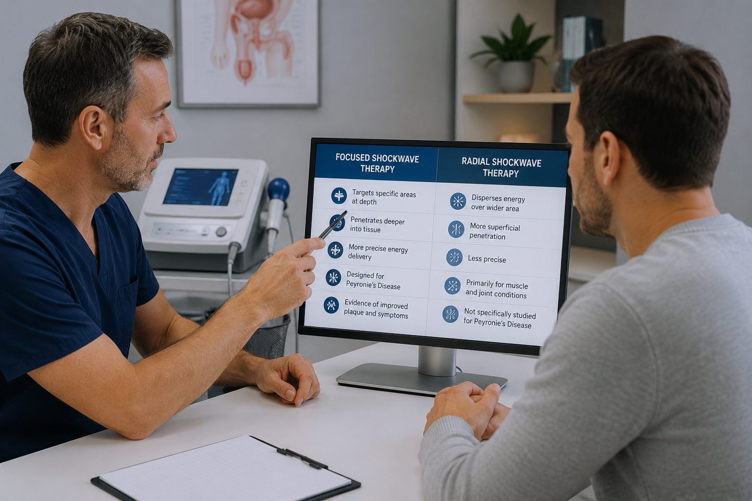 Doctor comparing focused and radial shockwave therapy with a patient in a modern clinic.