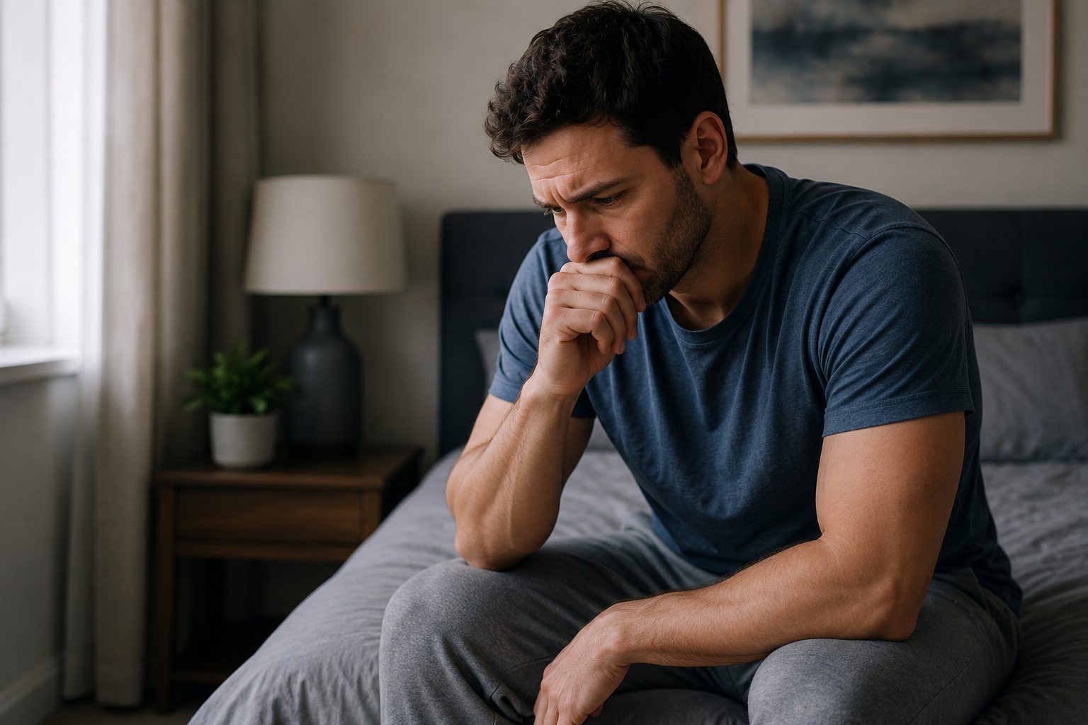 Worried man sitting alone in a bedroom, feeling hesitant to discuss Peyronie’s disease symptoms.