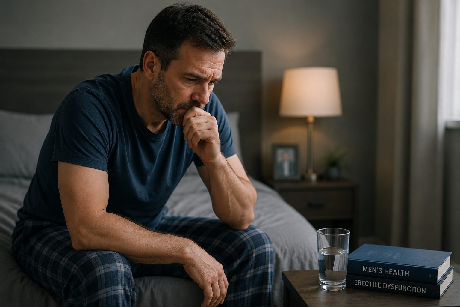Concerned man thinking about erectile dysfunction symptoms without recognising possible structural changes.