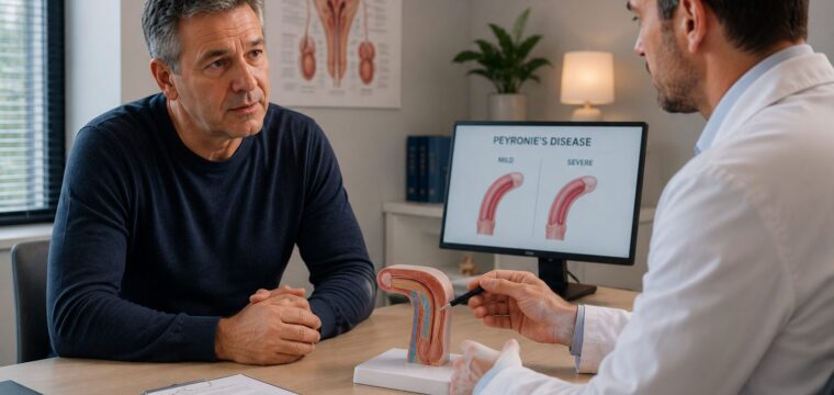 Doctor explaining the difference between mild and severe Peyronie’s disease during a clinic consultation.