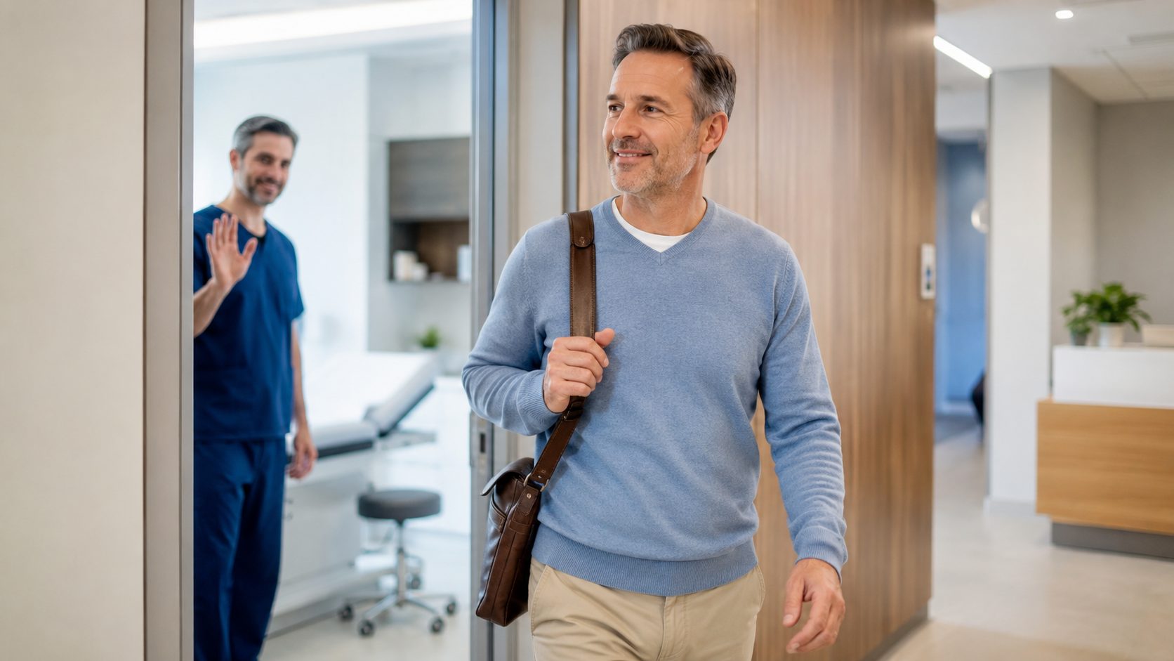 Man leaving a clinic shortly after focused shockwave therapy with minimal recovery time.