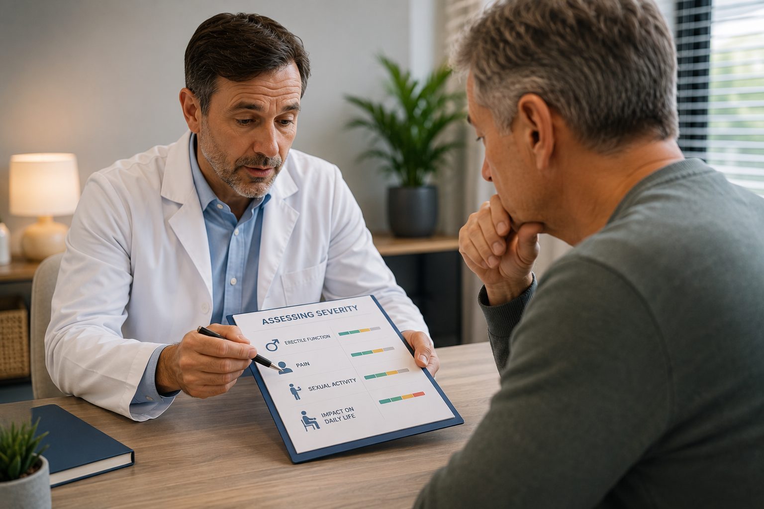 Doctor discussing how Peyronie’s disease affects function with a male patient.