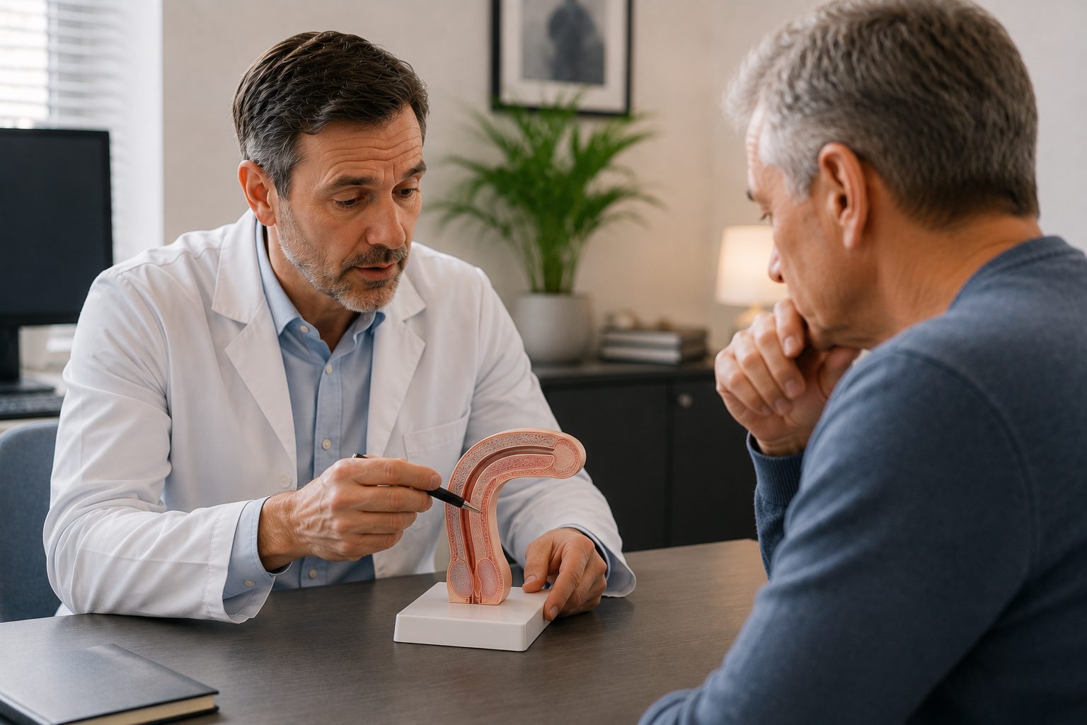 Doctor using an anatomical model to explain how Peyronie’s disease deformities can affect function.