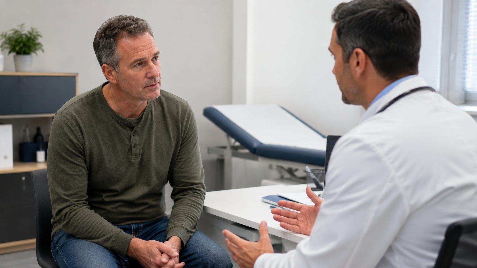 Man speaking with a doctor about pain during erections in a private clinic.
