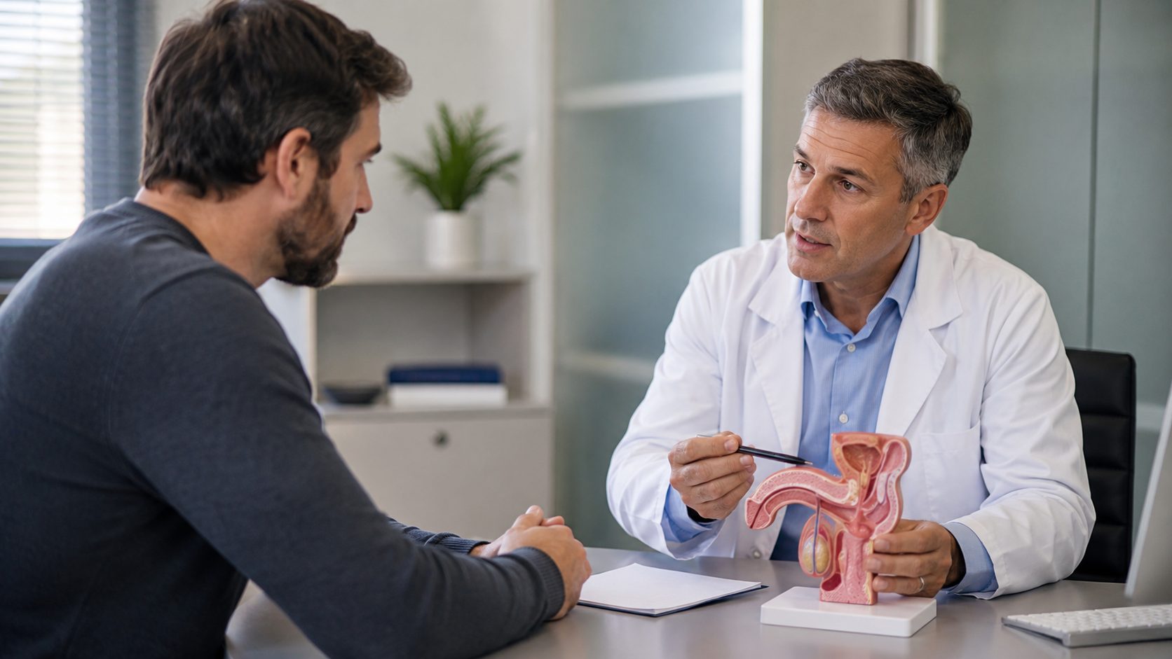 Doctor using an anatomical model to explain why Peyronie’s disease can cause painful erections.