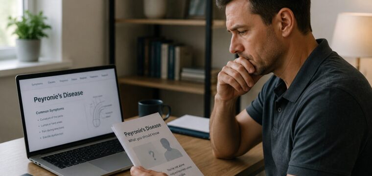 Man researching Peyronie’s disease symptoms at home after noticing possible changes.