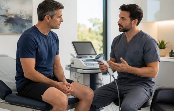 Clinician explaining focused shockwave therapy to a man during a Peyronie’s disease consultation.