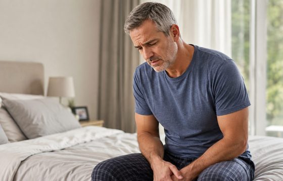 Middle-aged man sitting on a bed experiencing discomfort linked to Peyronie’s disease.