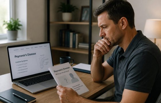 Man researching Peyronie’s disease symptoms at home after noticing possible changes.